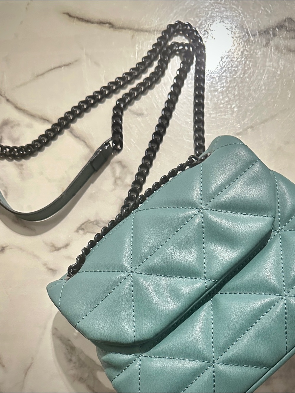 Quilted Vegan Leather Crossbody Bag in Aqua Blue with black Chain Strap